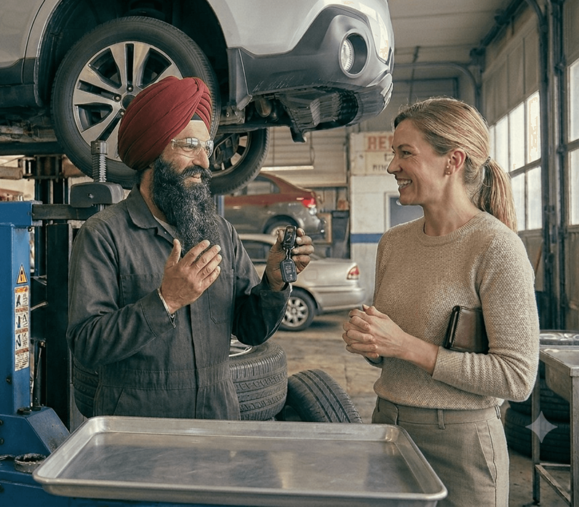 Premium Auto Repair technician handing keys to a satisfied customer in the shop